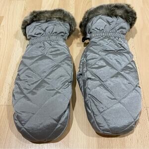 Eddie Bauer Gray Quilted Mittens with Faux Fur Trim Goose Down Insulation